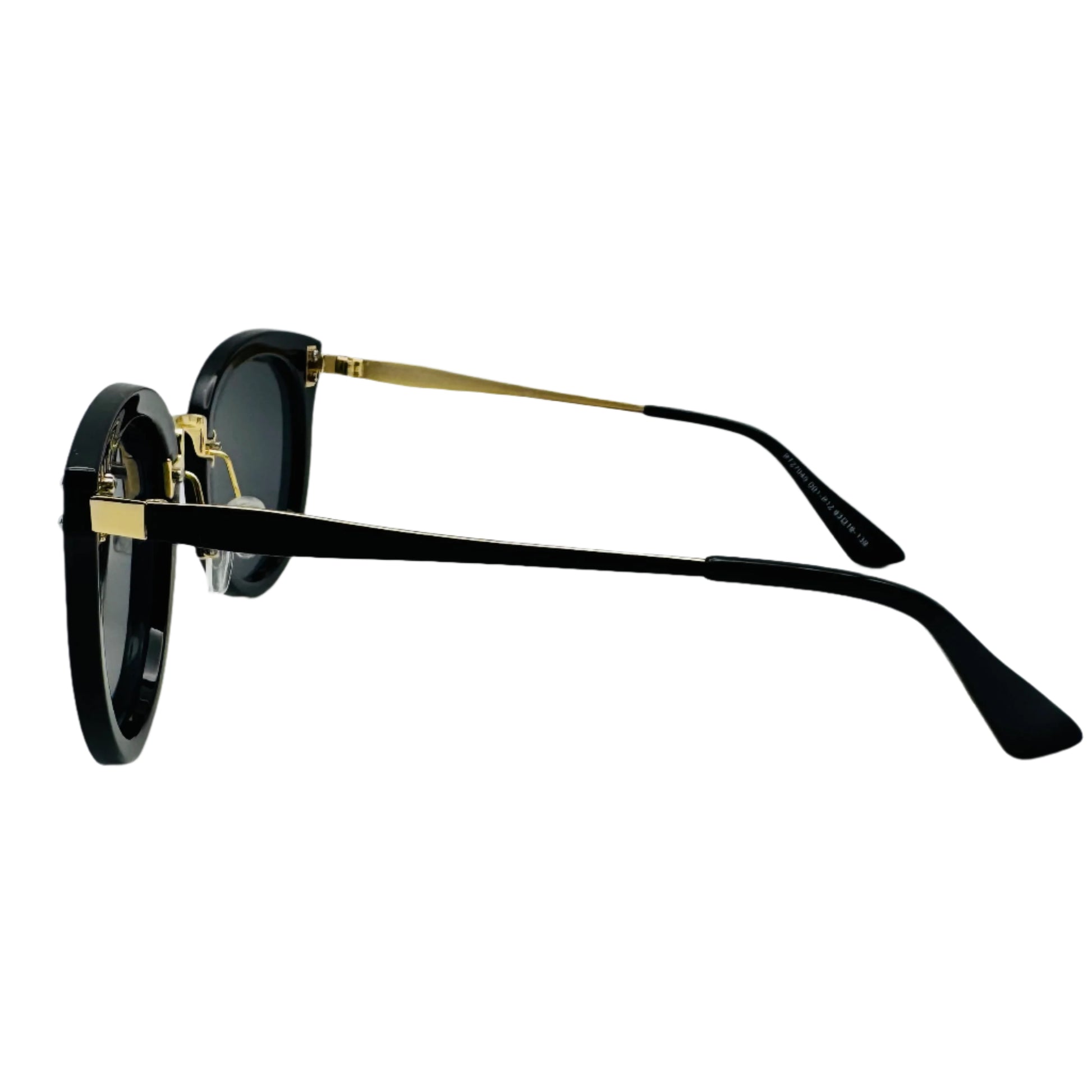 Black sunglasses with gold accents on a white background