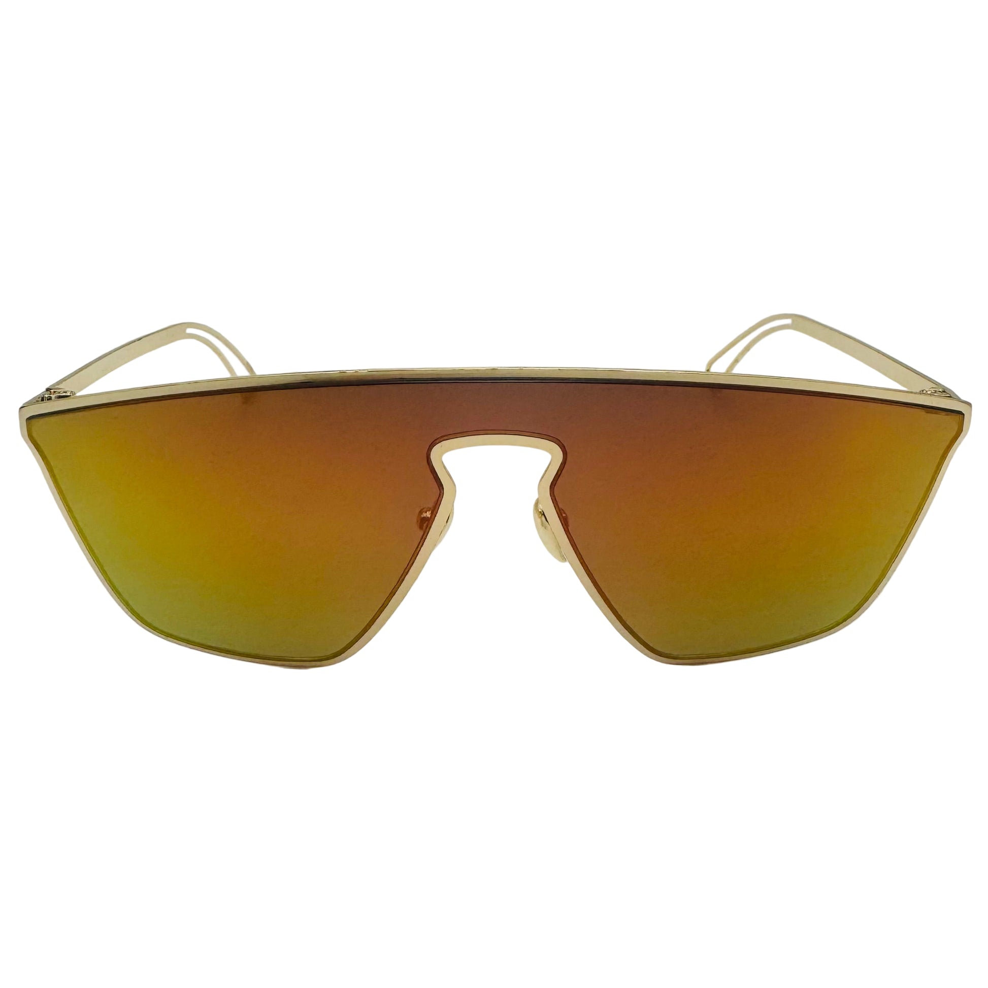 Gold-framed sunglasses with brown lenses on a white background