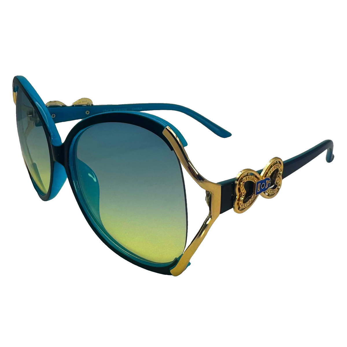 Blue and gold oversized sunglasses with gradient green-to-yellow lenses, featuring a decorative gold chain detail on the temple arm.