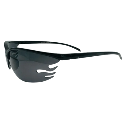 Black safety glasses with a white background