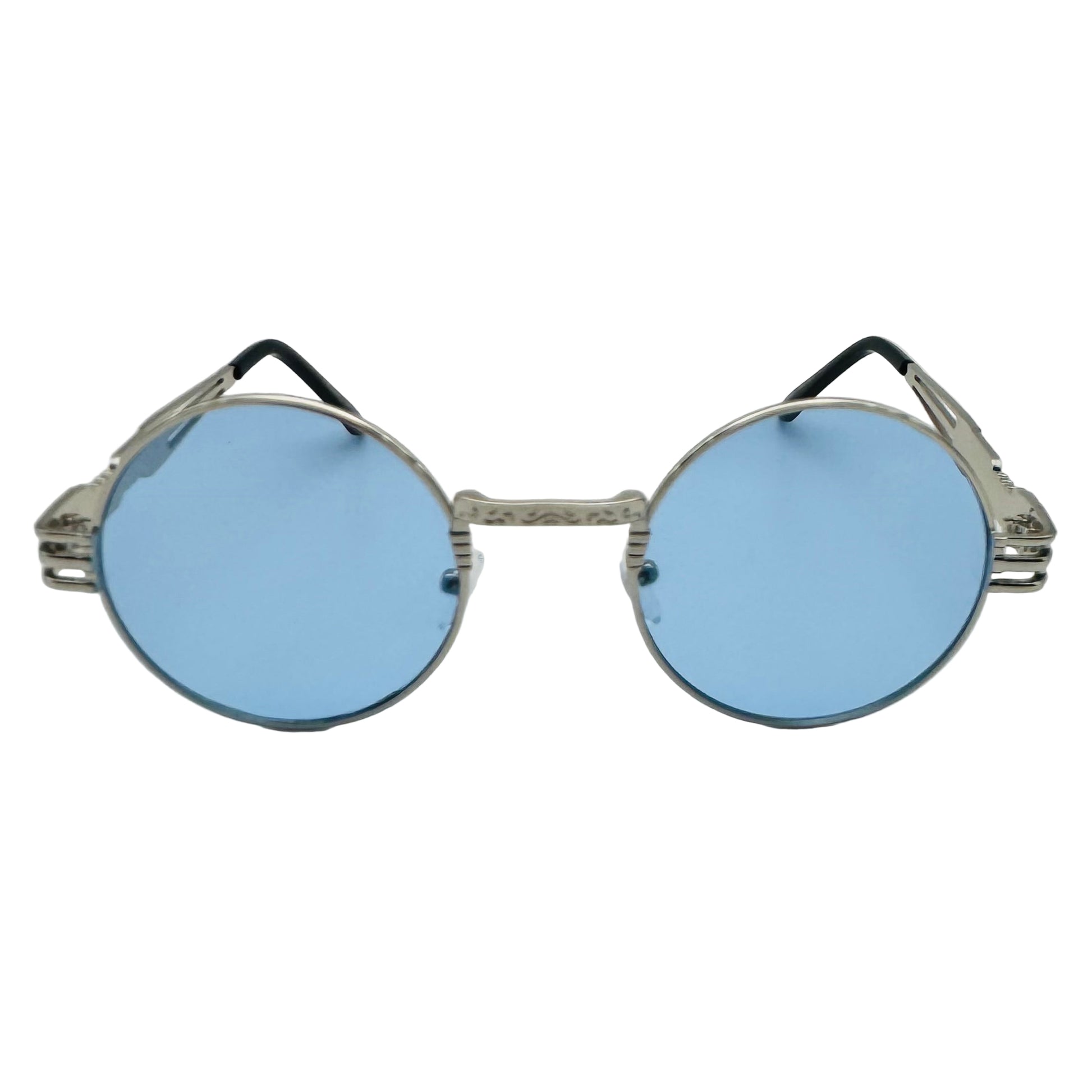 Round sunglasses with blue lenses and metal frame on a light gray background