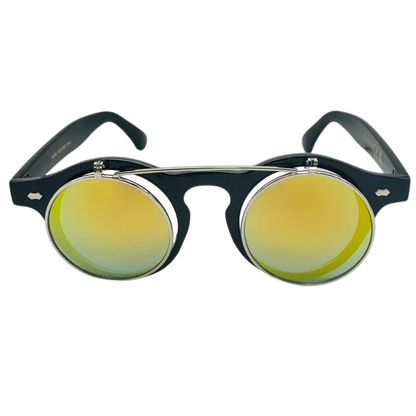 Round sunglasses with yellow lenses and black frames on a white background