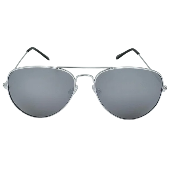 Aviator sunglasses with silver frame and reflective lenses on a white background