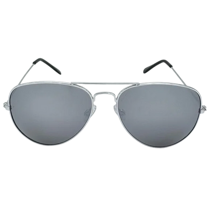Aviator sunglasses with silver frame and reflective lenses on a white background