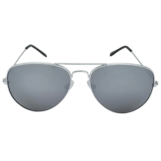 Aviator sunglasses with silver frame and reflective lenses on a white background