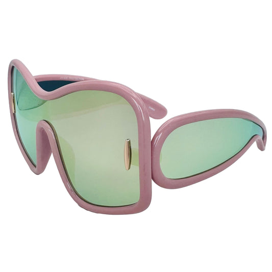Pink sunglasses with green lenses on a light gray background