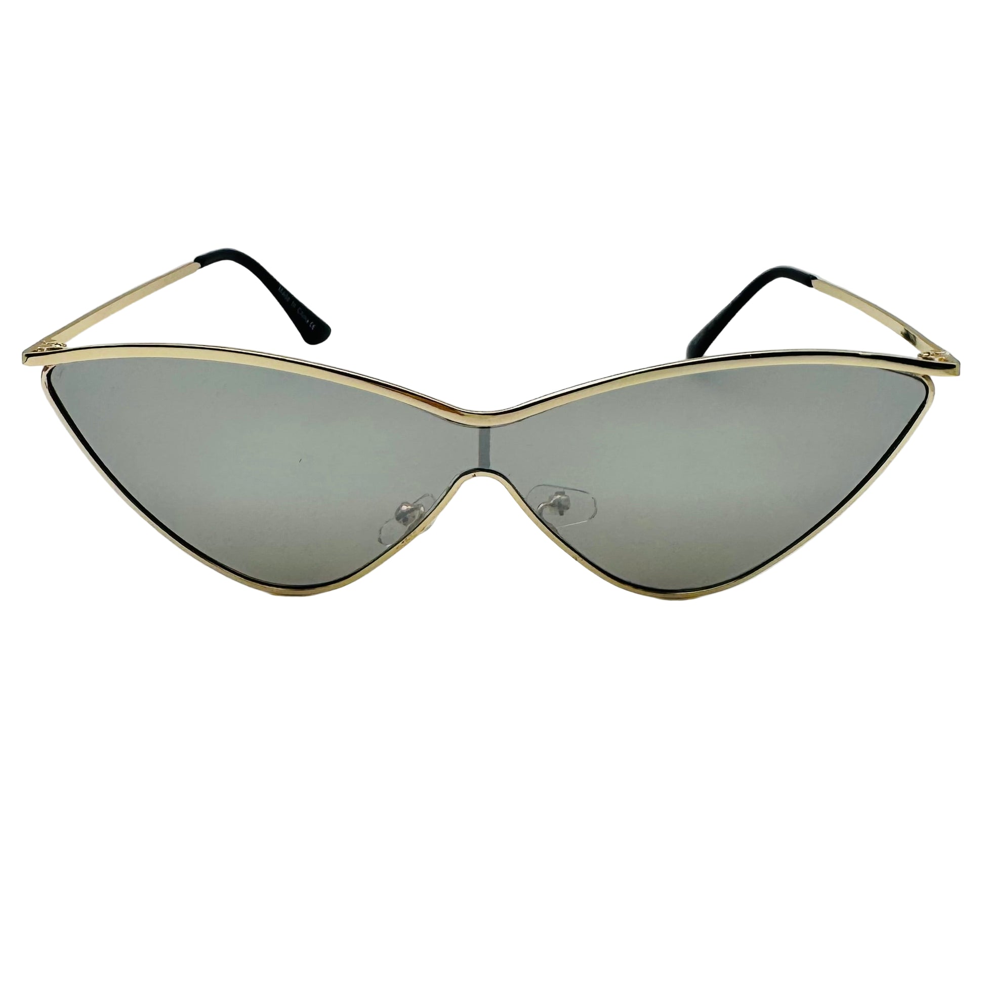 Gold-framed sunglasses with black lenses on a white background