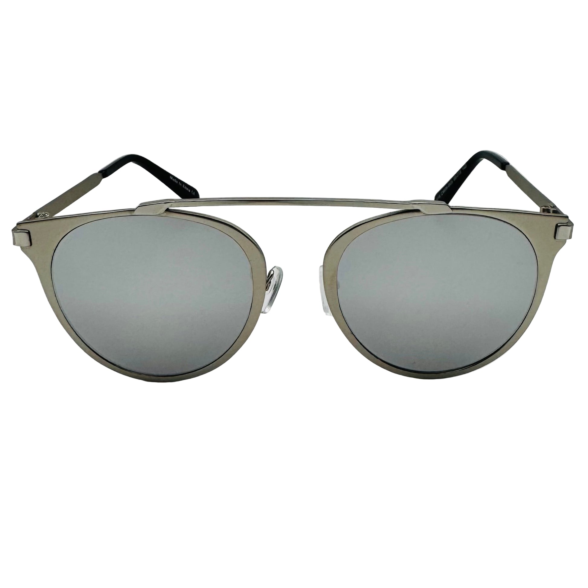 Sunglasses with metallic frame and reflective lenses on a light gray background