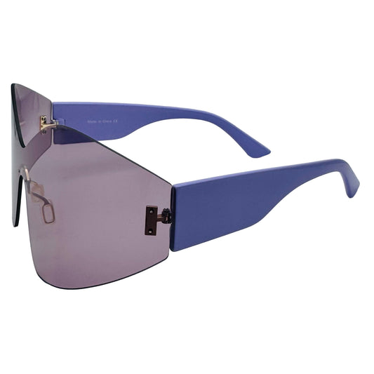 Sunglasses with purple frame and gradient lenses on a light gray background