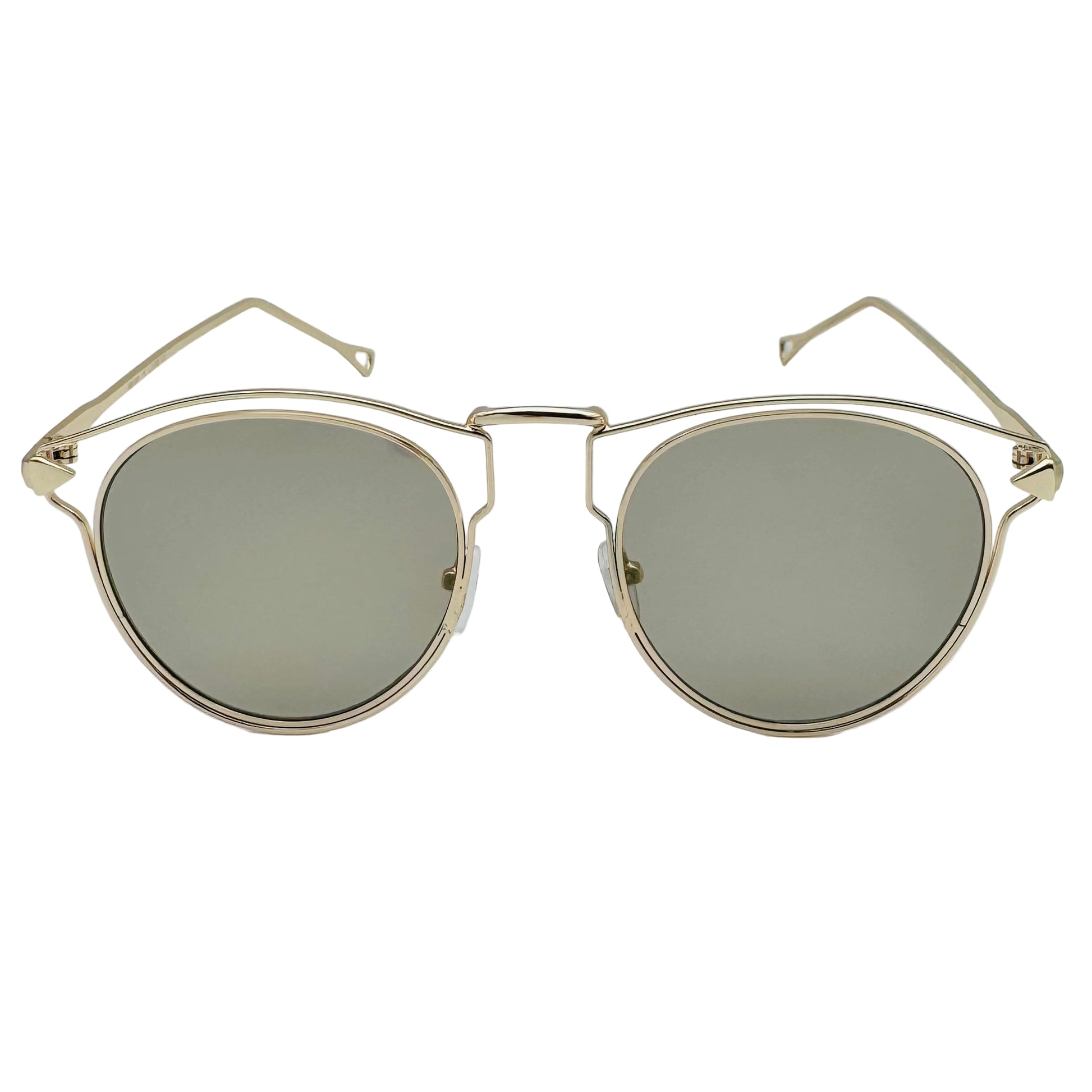 Gold-framed sunglasses with round lenses on a light gray background