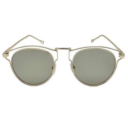 Gold-framed sunglasses with round lenses on a light gray background