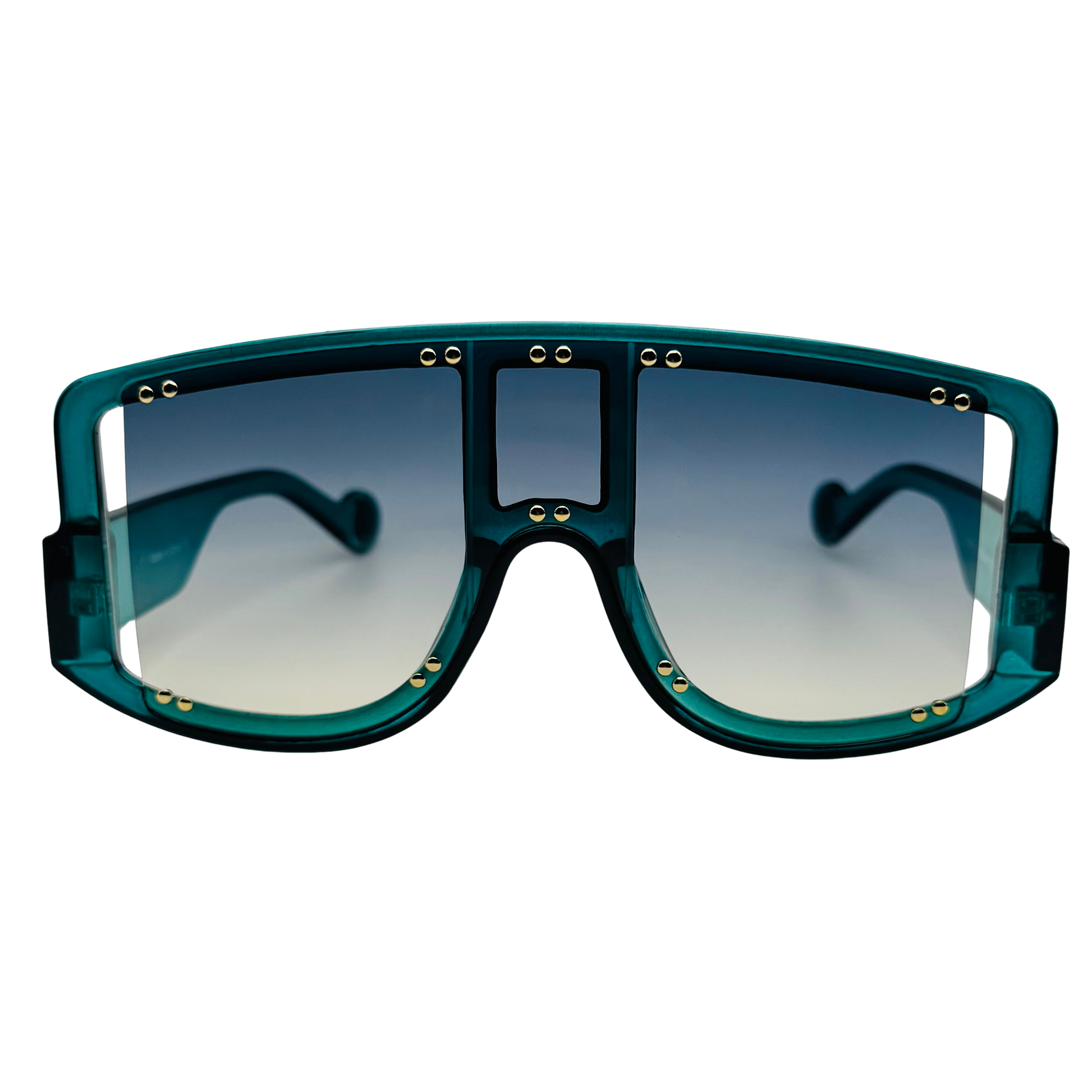 Teal sunglasses with gold accents on a white background