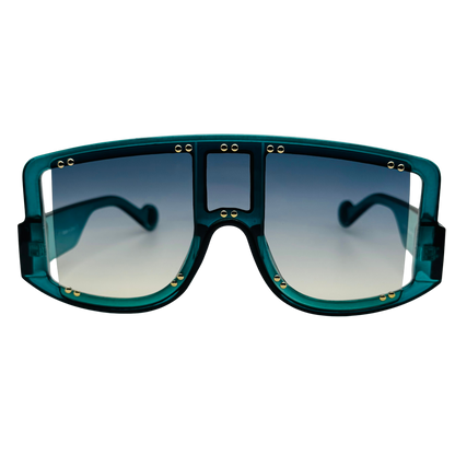 Teal sunglasses with gold accents on a white background