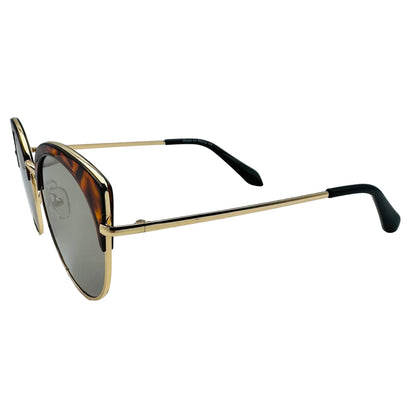 Sunglasses with gold frame and black arms on a white background