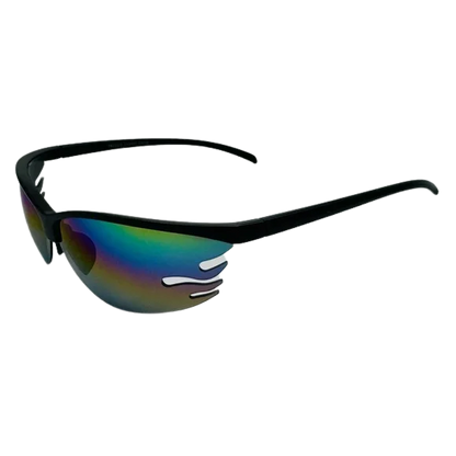 Sunglasses with black frame and multicolored lenses on a white background