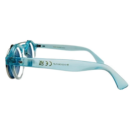 Blue sunglasses with clear frame on a white background