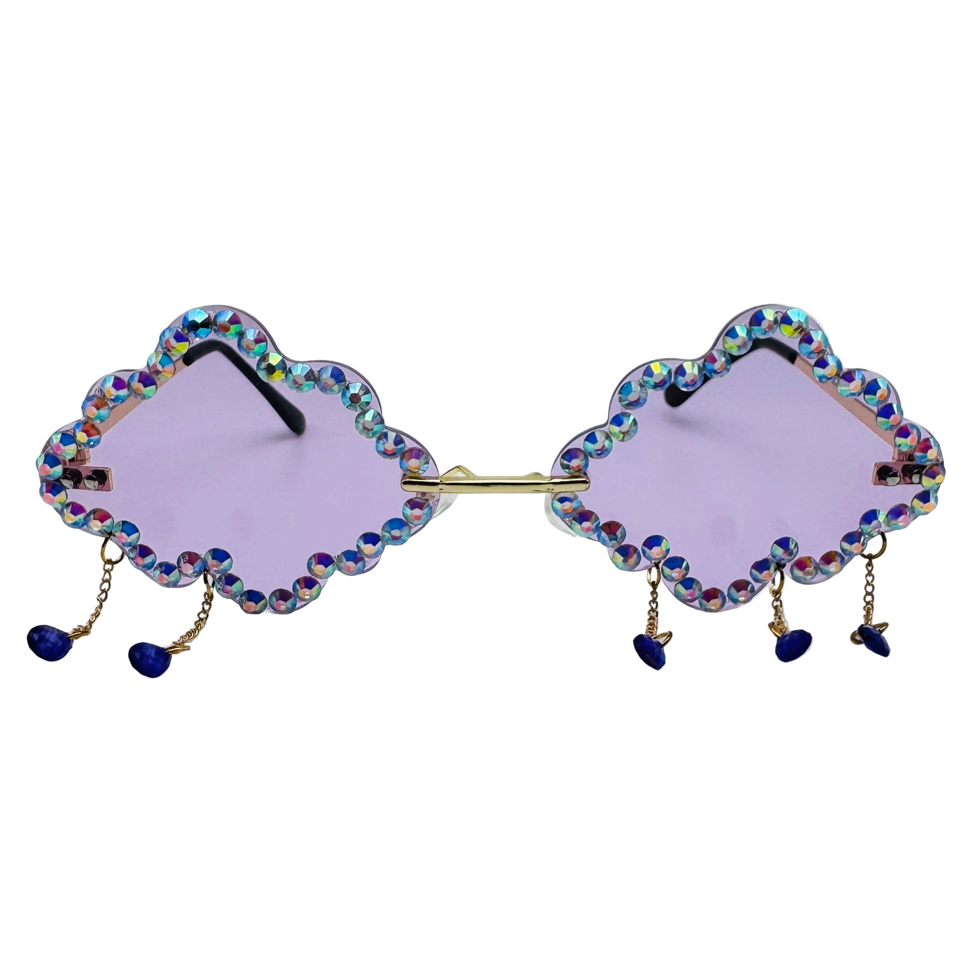 Sunglasses with colorful bead embellishments on a light gray background