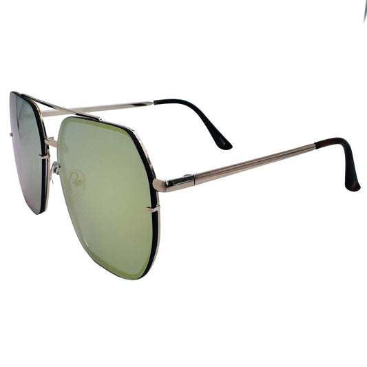 Sunglasses with green lenses and gold frames on a light gray background