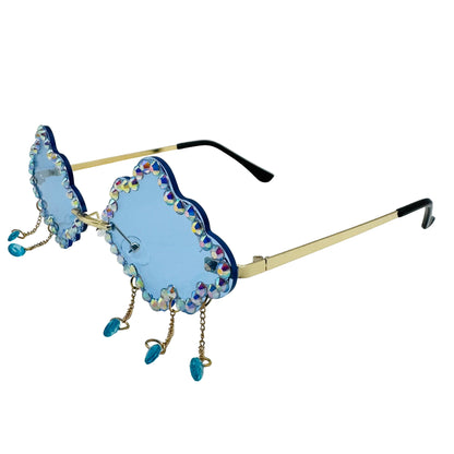 Sunglasses with blue lenses and decorative elements on a light gray background
