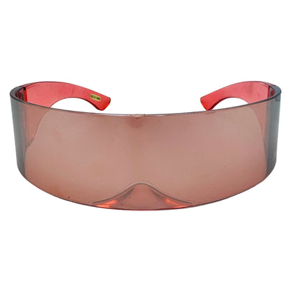 Sunglasses with a red-tinted lens on a white background