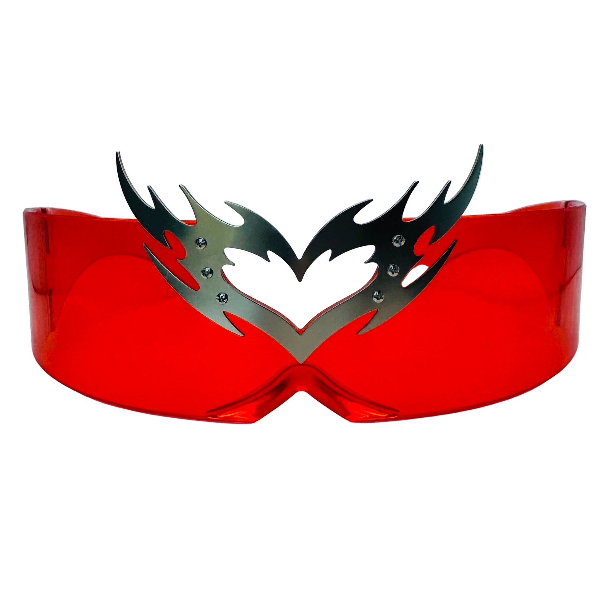 Red goggles with a black flame-like design on a light gray background