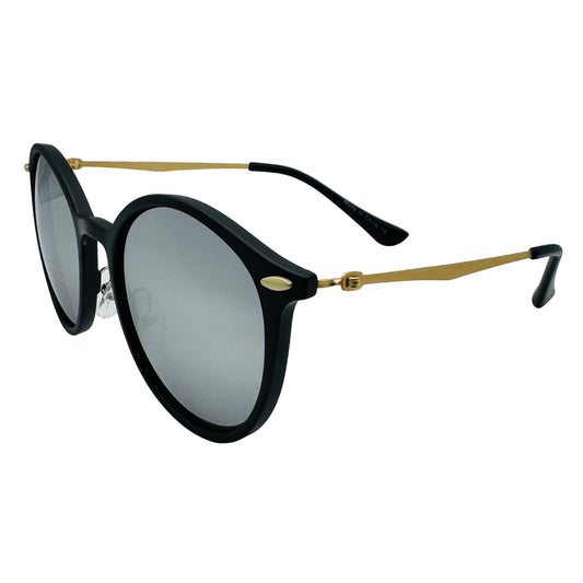 Black sunglasses with gold accents on a light gray background