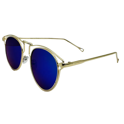 Gold-framed sunglasses with blue lenses on a light gray background