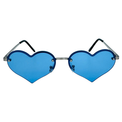 Heart-shaped sunglasses with blue lenses on a light gray background
