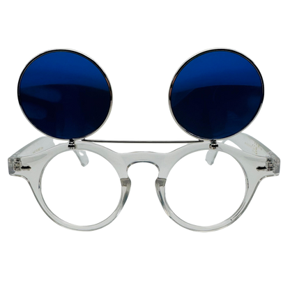 Clear frame eyeglasses with blue round lenses on a white background