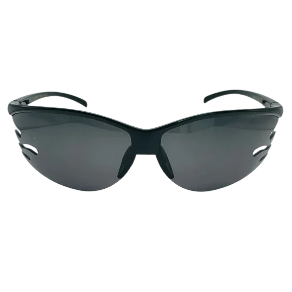 Black safety glasses with gray lenses on a white background