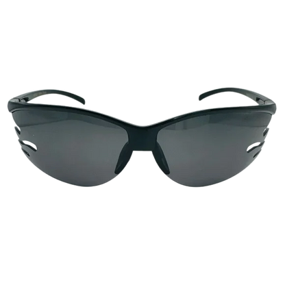 Black safety glasses with gray lenses on a white background