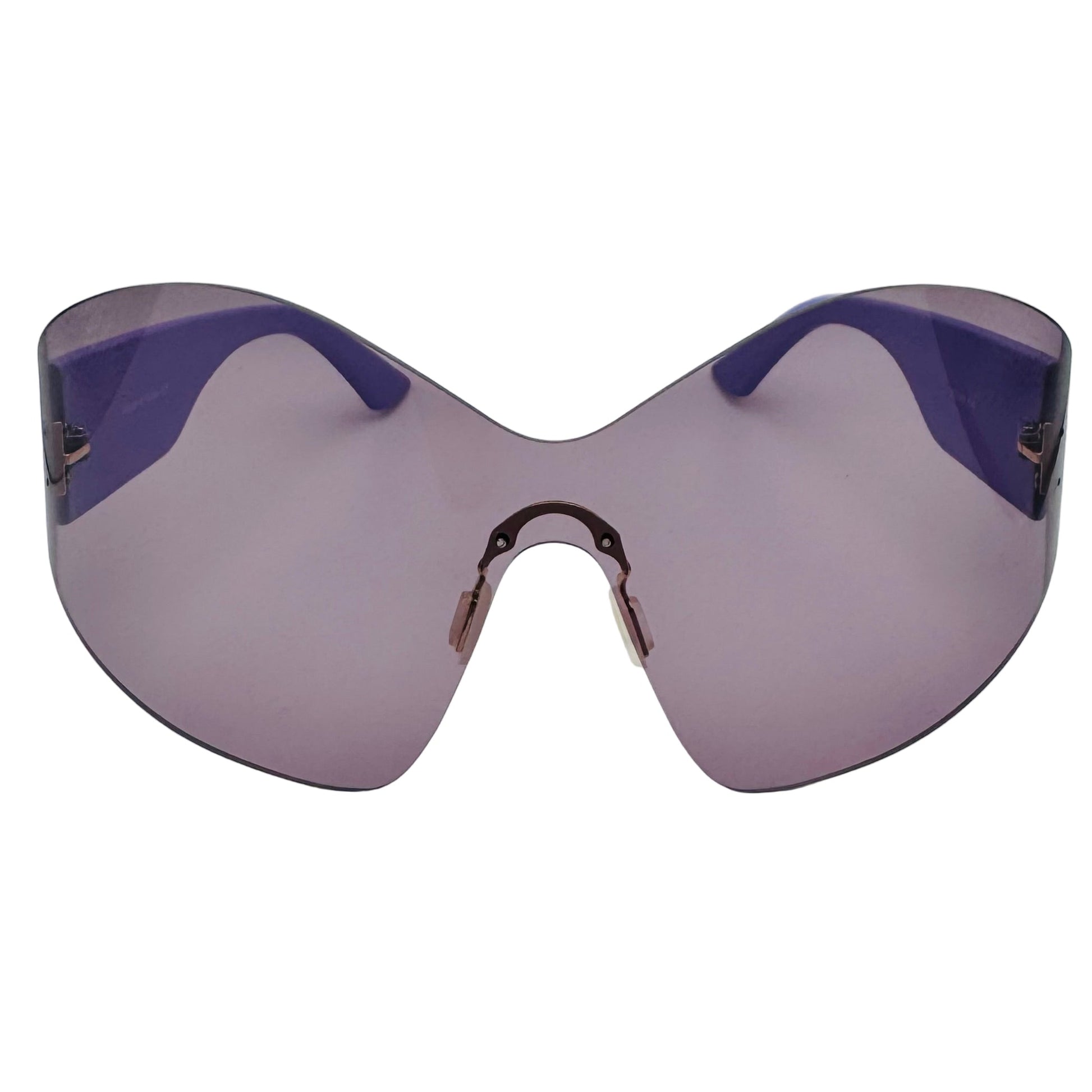 Sunglasses with purple lenses and blue frames on a light gray background