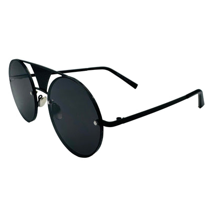 Black sunglasses with a reflective surface on a light gray background