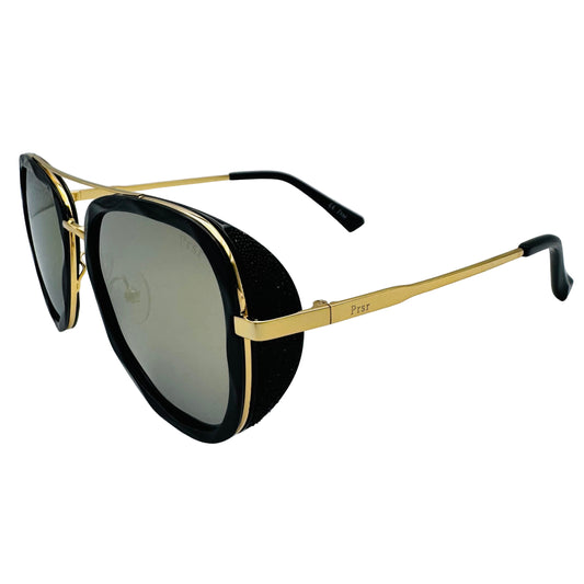 Sunglasses with black lenses and gold frames on a white background