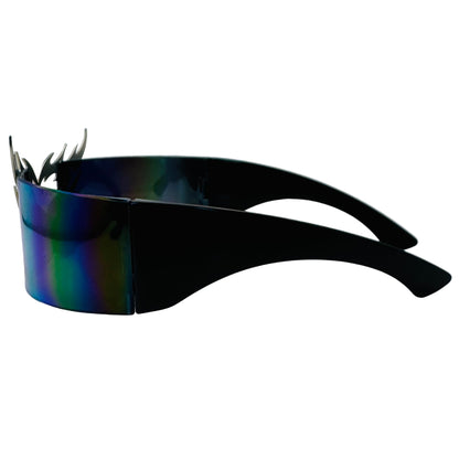 Black sunglasses with a reflective rainbow gradient on a light gray background