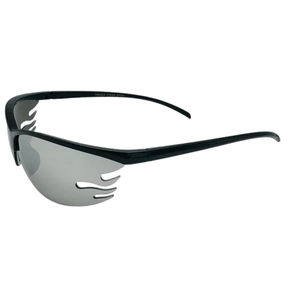 Sunglasses with black frame and reflective lenses on a white background