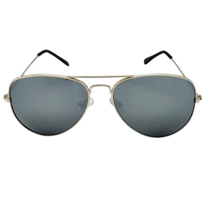 Aviator sunglasses with gold frame and dark lenses on a white background