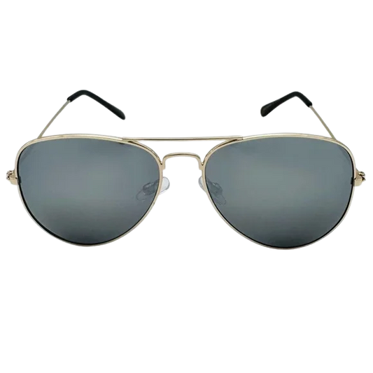 Aviator sunglasses with gold frame and dark lenses on a white background