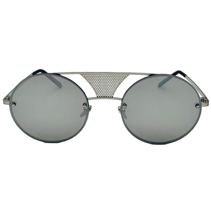 Round sunglasses with metallic frame and gray lenses on a light gray background