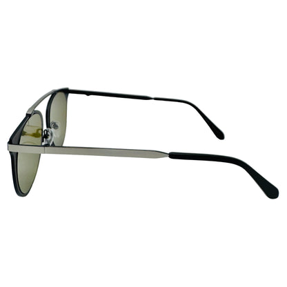 Sunglasses with black frame and reflective lenses on a white background