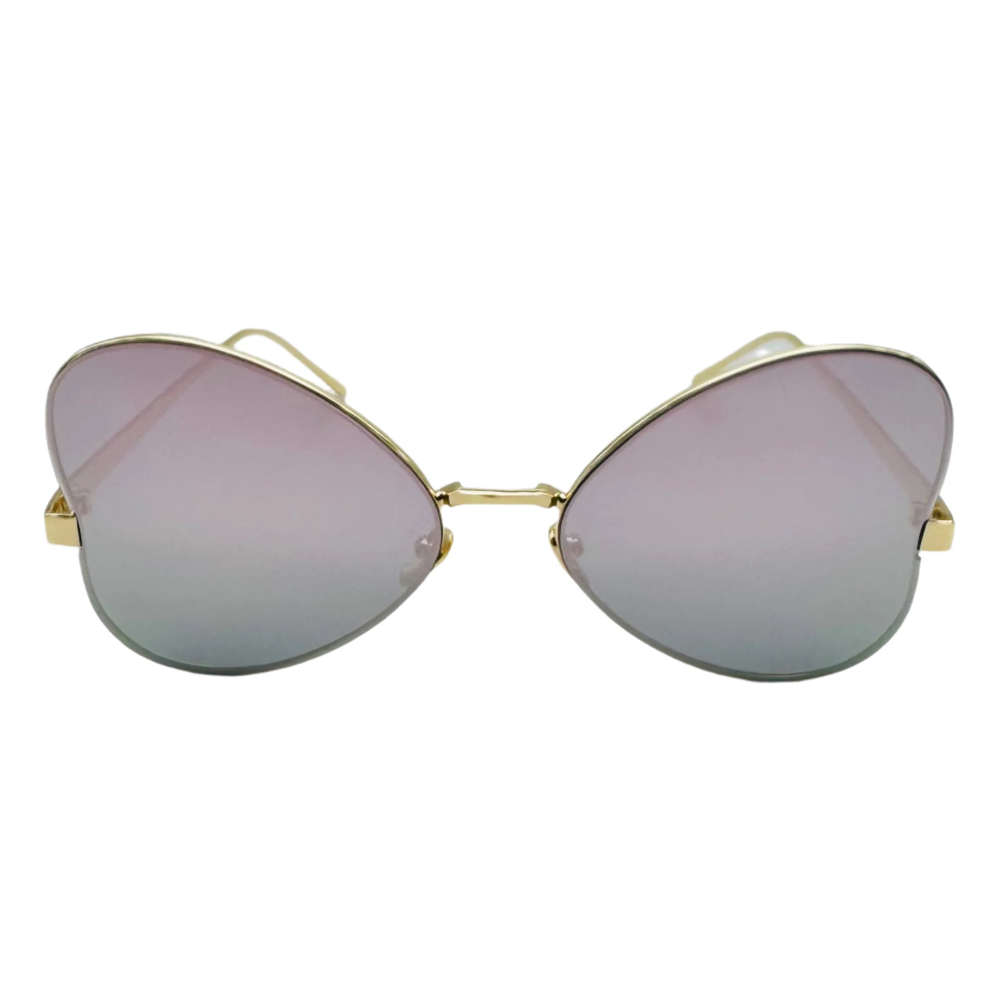 Gold-framed sunglasses with purple-tinted lenses on a white background