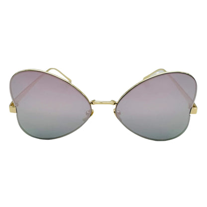 Gold-framed sunglasses with purple-tinted lenses on a white background