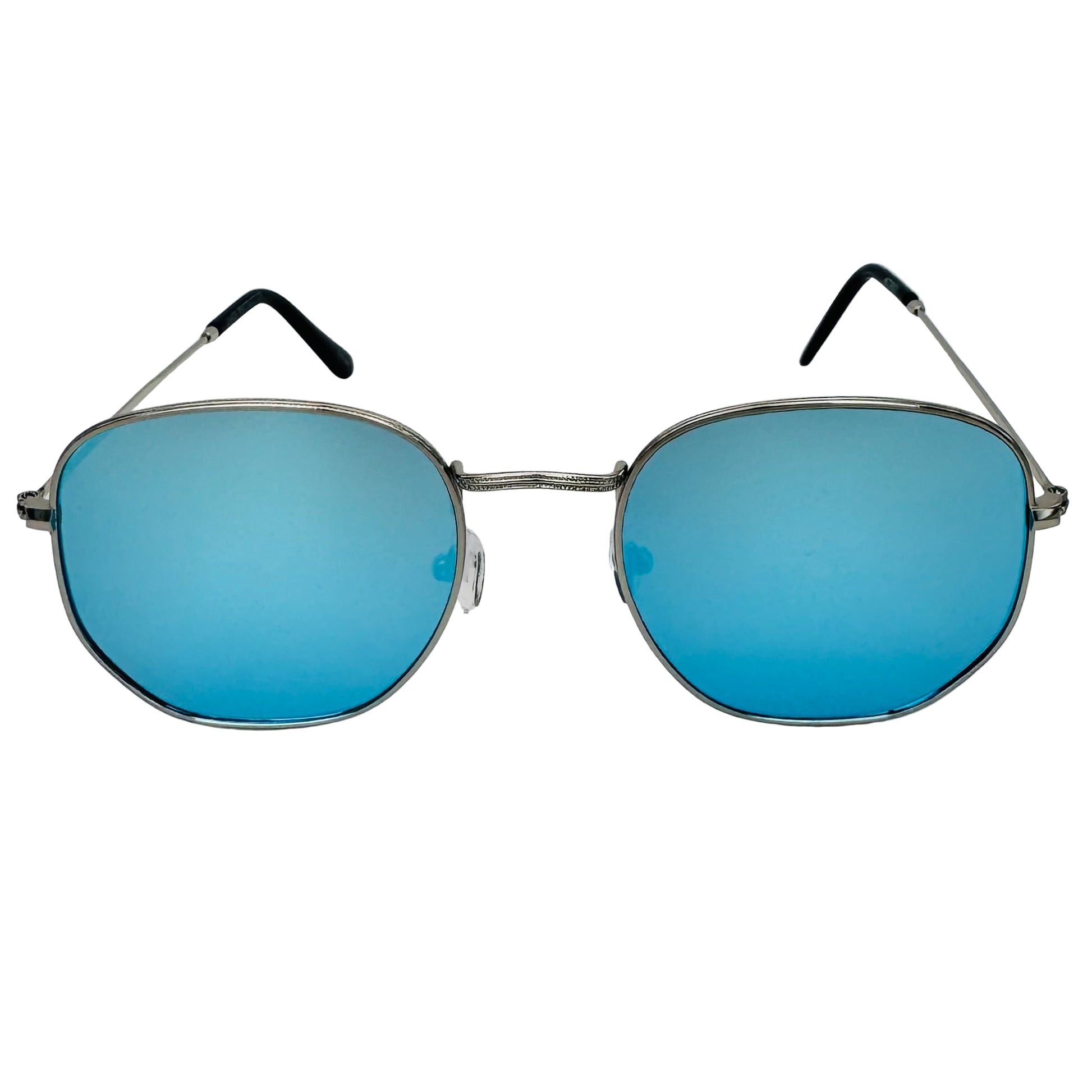 Sunglasses with blue lenses and silver frames on a light gray background