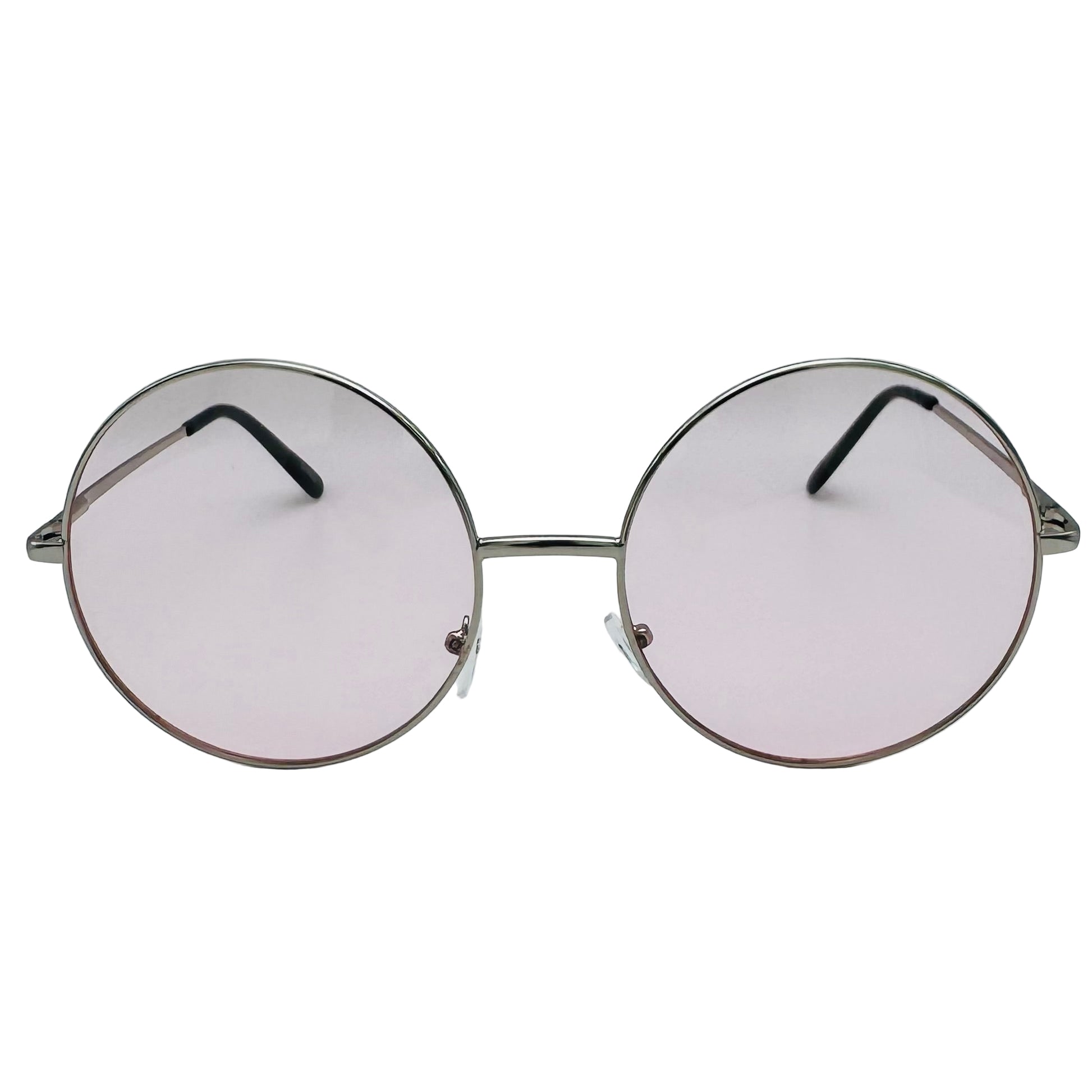 Round sunglasses with pink lenses on a light gray background