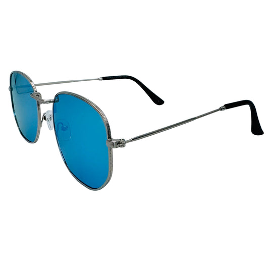Sunglasses with blue lenses and silver frames on a light gray background