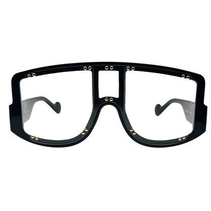 Black goggles with gold accents on a white background