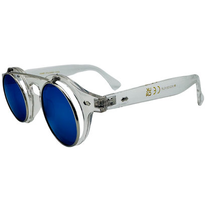 Sunglasses with blue lenses and silver frame on a white background
