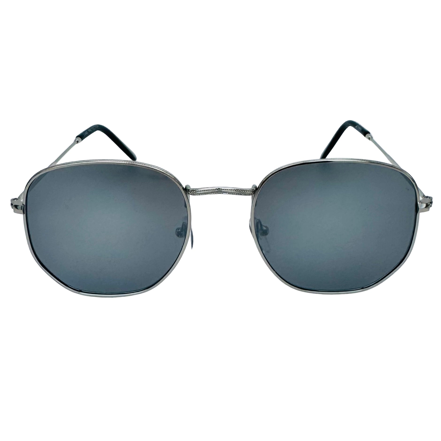 Aviator sunglasses with reflective lenses on a light blue background