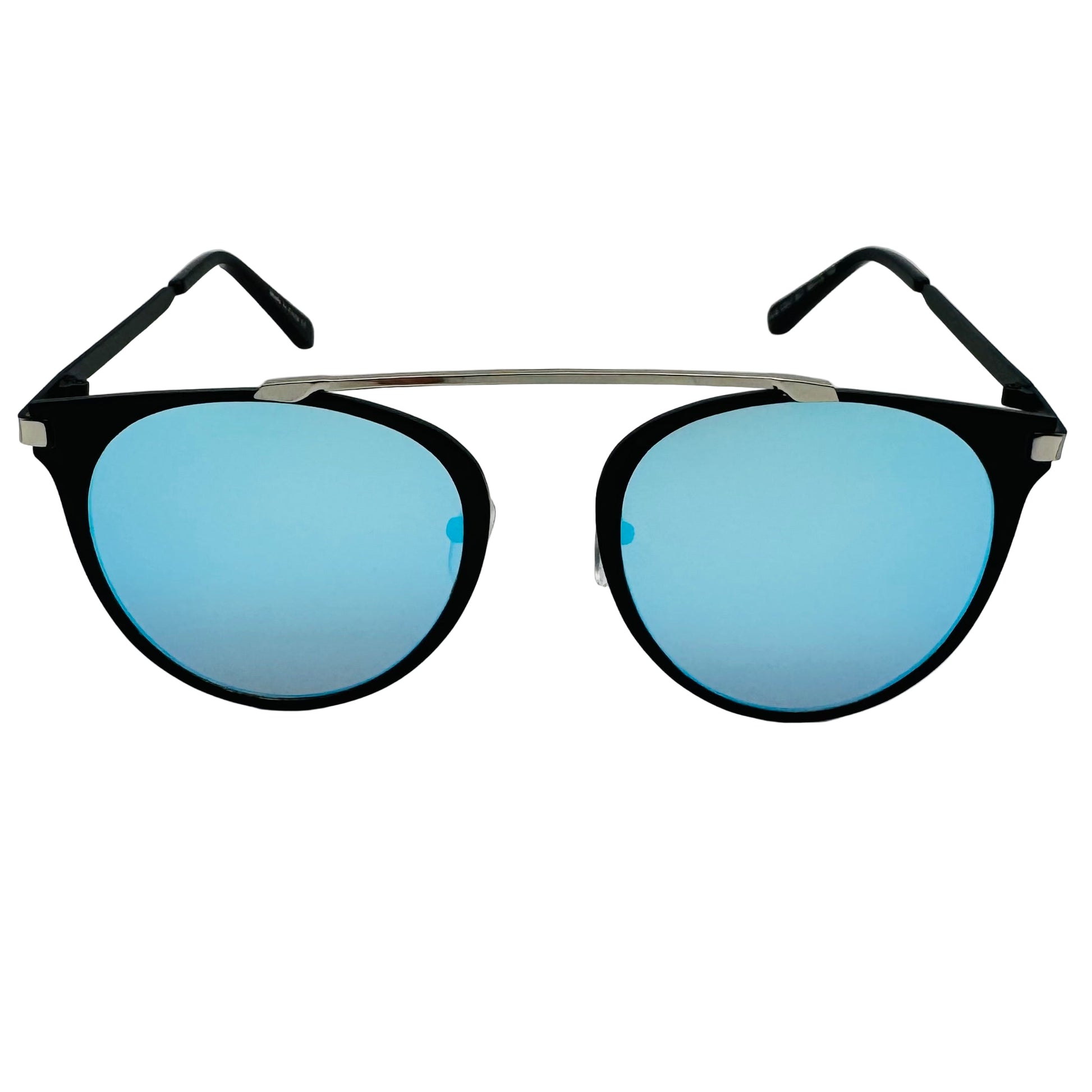 Sunglasses with black frames and blue lenses on a light gray background