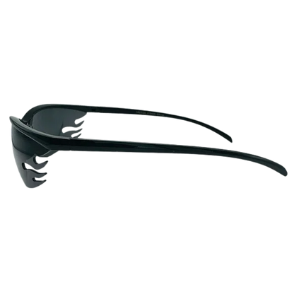 Black sunglasses with a flame design on a white background